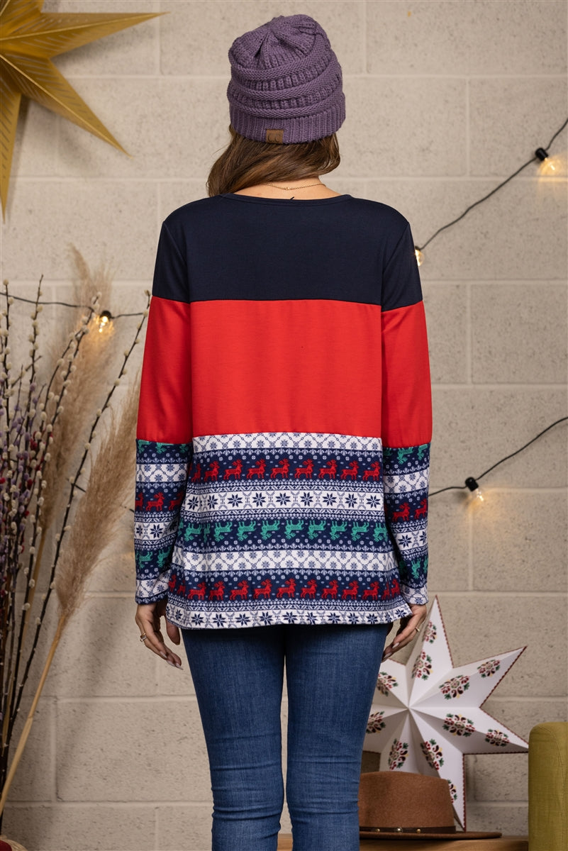 NAVY/RED REINDEERS PRINT KNIT TOP ET5194-12