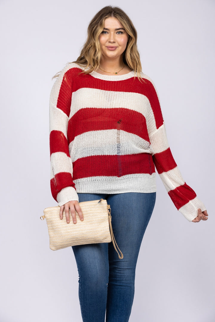 RED STRIPE TEARED KNIT PULLOVER PLUS SIZE SWEATER TOP-ST1114P