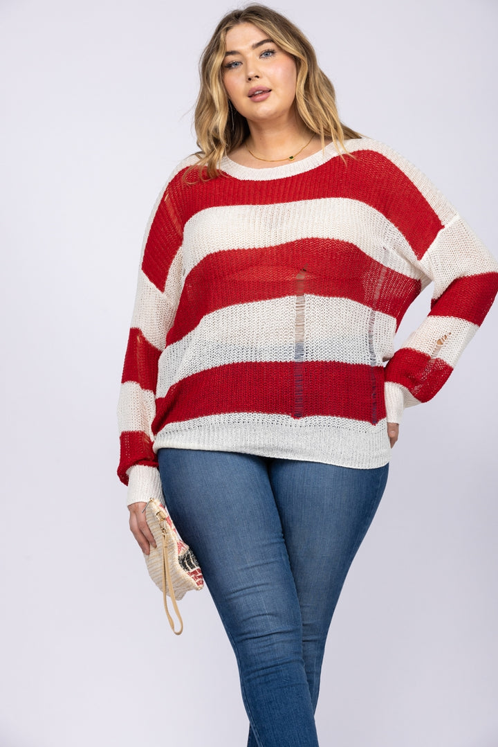 RED STRIPE TEARED KNIT PULLOVER PLUS SIZE SWEATER TOP-ST1114P