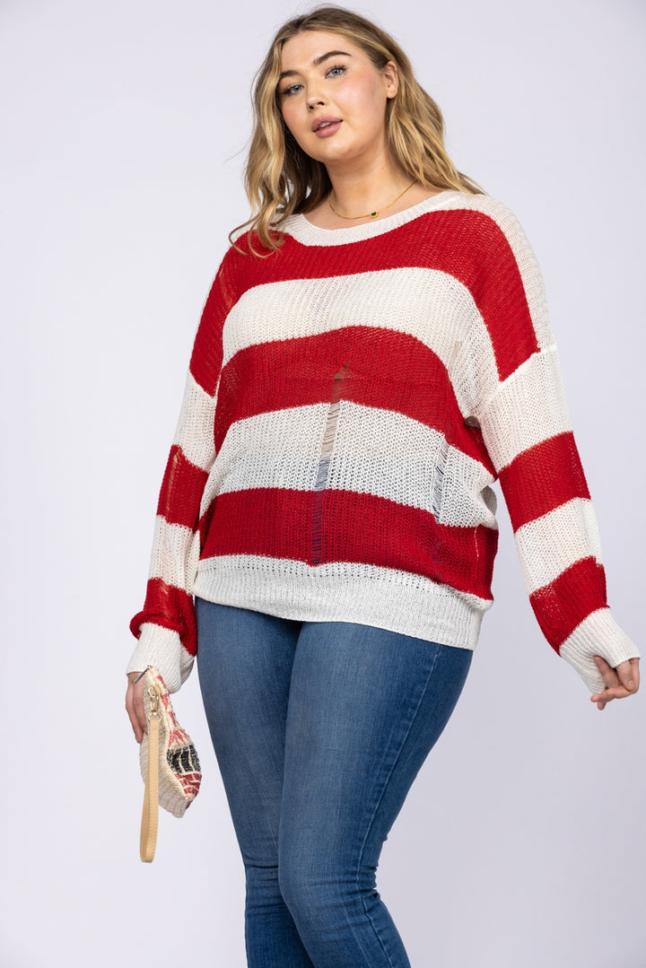 RED STRIPE TEARED KNIT PULLOVER PLUS SIZE SWEATER TOP-ST1114P