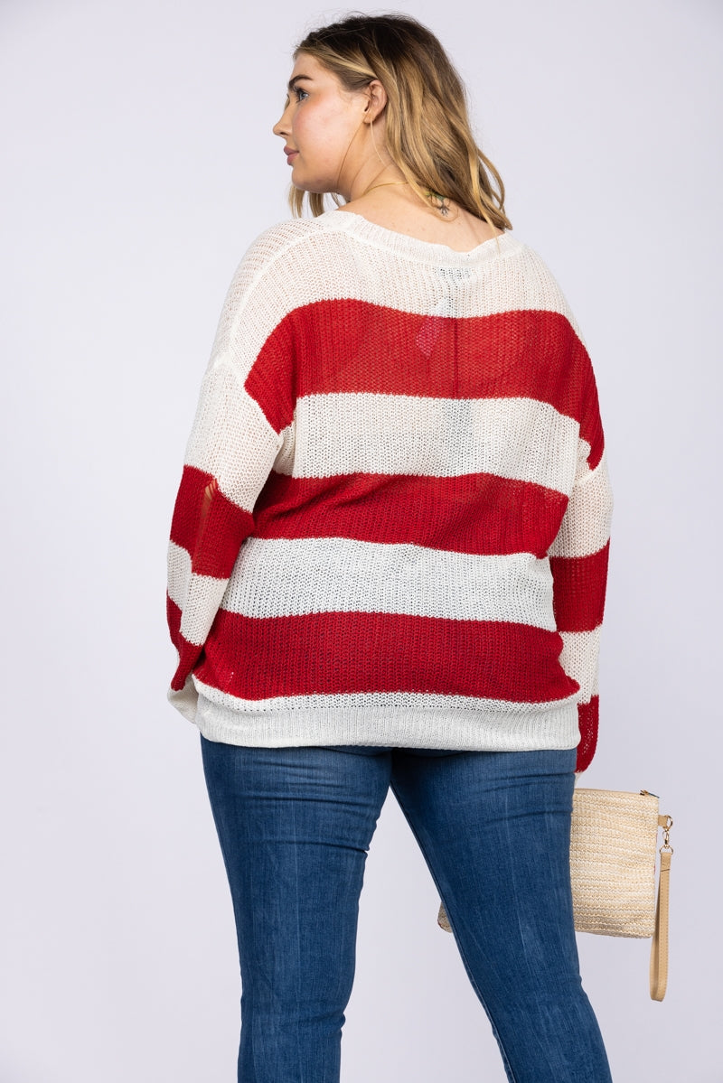 RED STRIPE TEARED KNIT PULLOVER PLUS SIZE SWEATER TOP-ST1114P