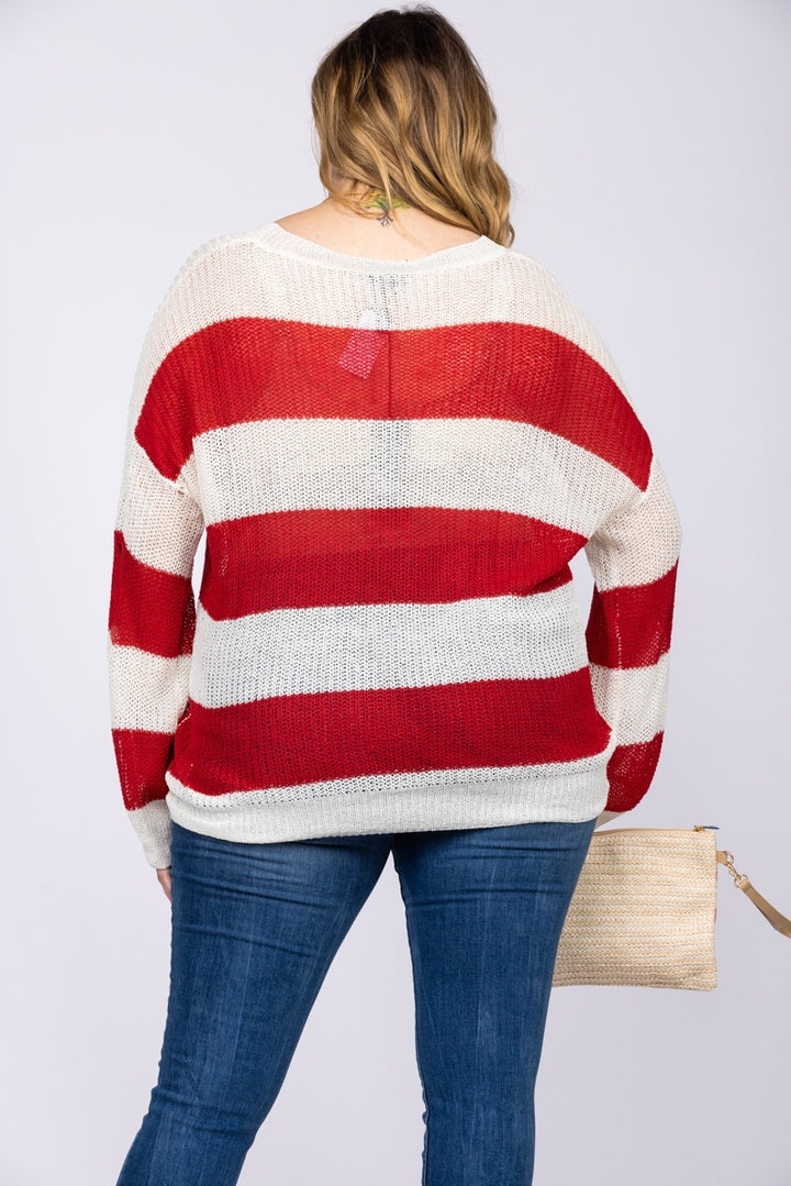 RED STRIPE TEARED KNIT PULLOVER PLUS SIZE SWEATER TOP-ST1114P