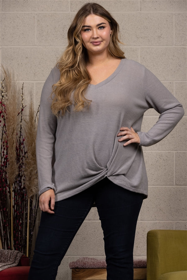 GREY FRONT KNOT PLUS SIZE TOP-T8823PL