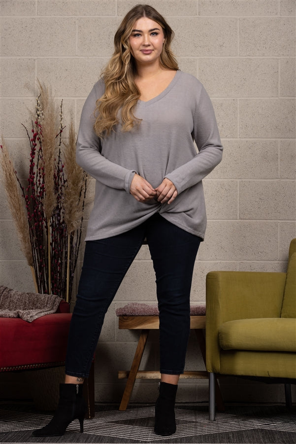 GREY FRONT KNOT PLUS SIZE TOP-T8823PL