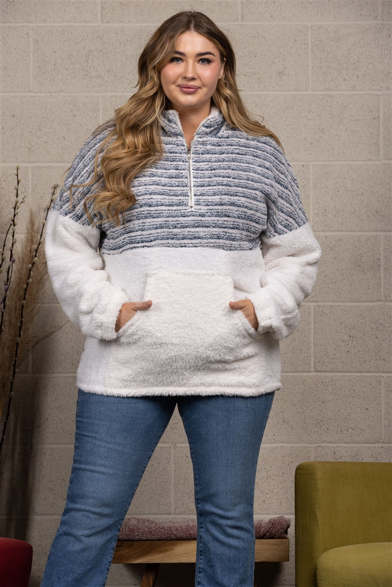 WHITE/NAVY FLUFFY KANGAROO-POCKET SWEATER VT90602PX