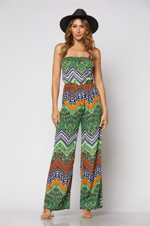 ORANGE GREEN CHEVRON PRINT W/ YELLOW COLOR ACCENT JUMPSUIT-JP1928