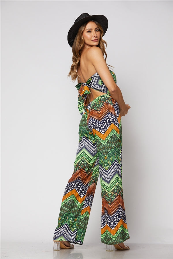 ORANGE GREEN CHEVRON PRINT W/ YELLOW COLOR ACCENT JUMPSUIT-JP1928