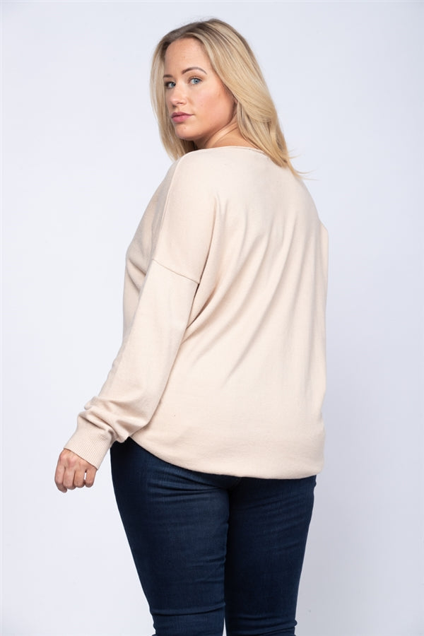 BROWN HEATHER GREY PLUS SIZE KNIT PULLOVER SWEATER-TA1002PX