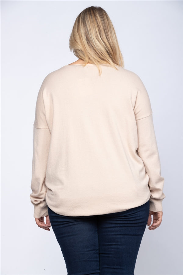 BROWN HEATHER GREY PLUS SIZE KNIT PULLOVER SWEATER-TA1002PX