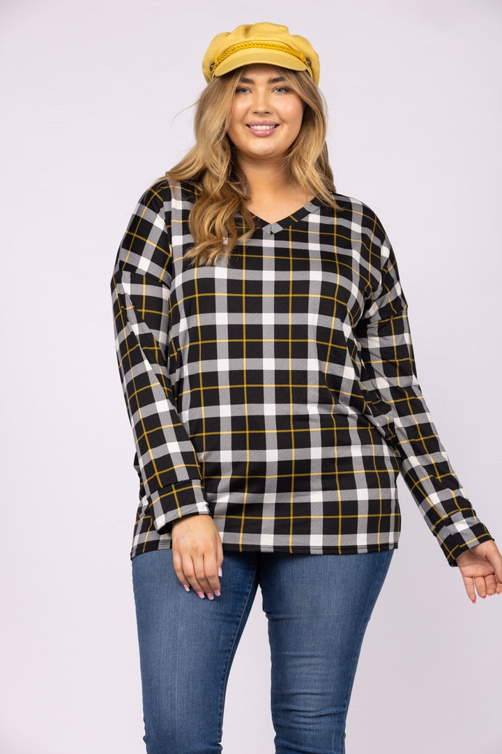 NOIR  BLACK PLAID LONG CUFFED SLEEVES PLUS SIZE TOP CT43496APL