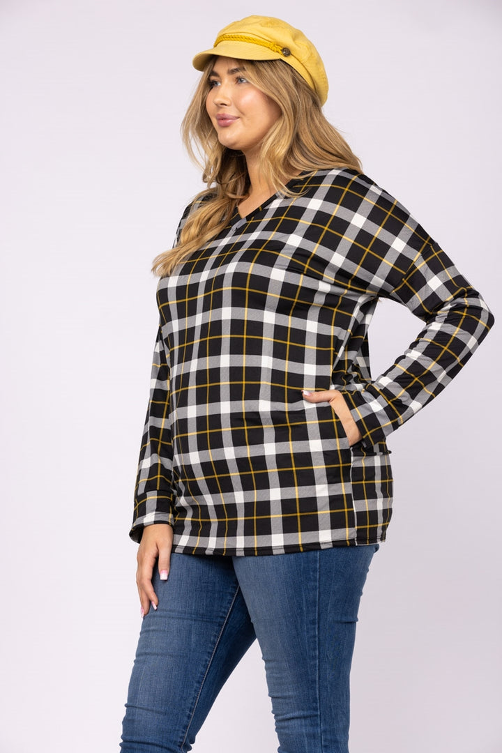 NOIR  BLACK PLAID LONG CUFFED SLEEVES PLUS SIZE TOP CT43496APL