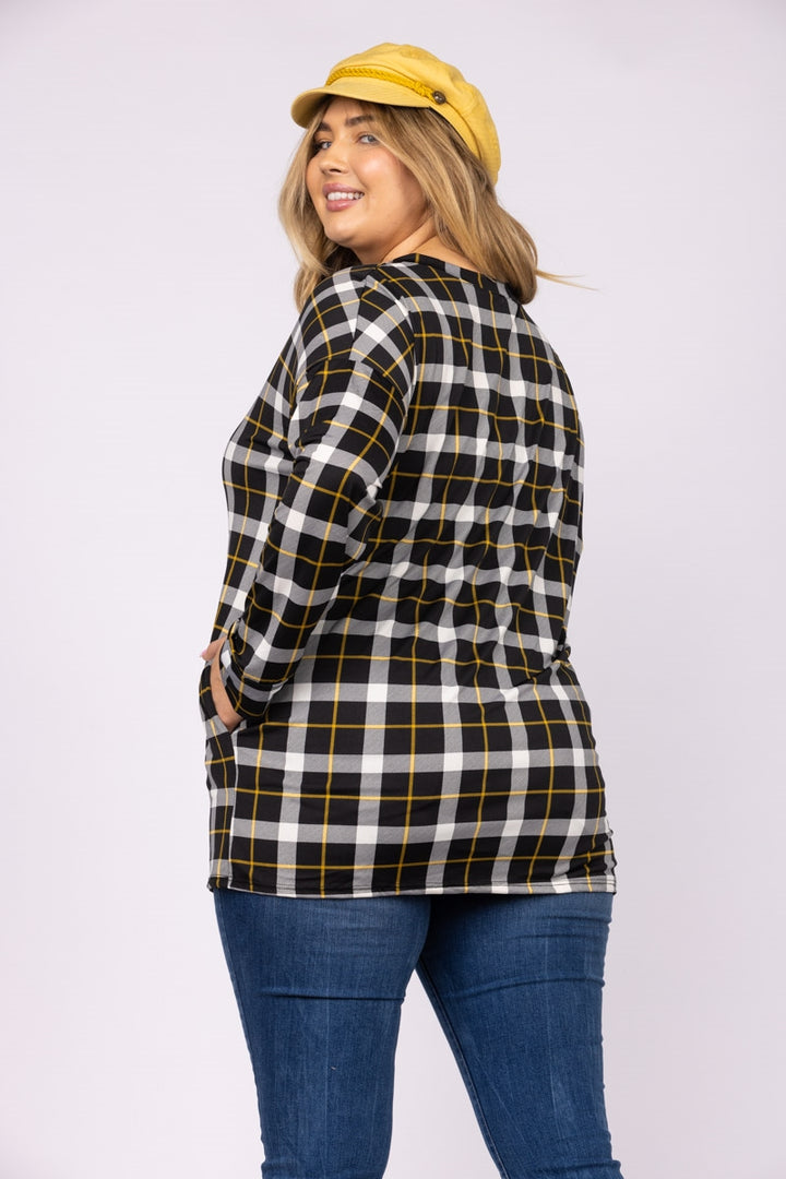 NOIR  BLACK PLAID LONG CUFFED SLEEVES PLUS SIZE TOP CT43496APL