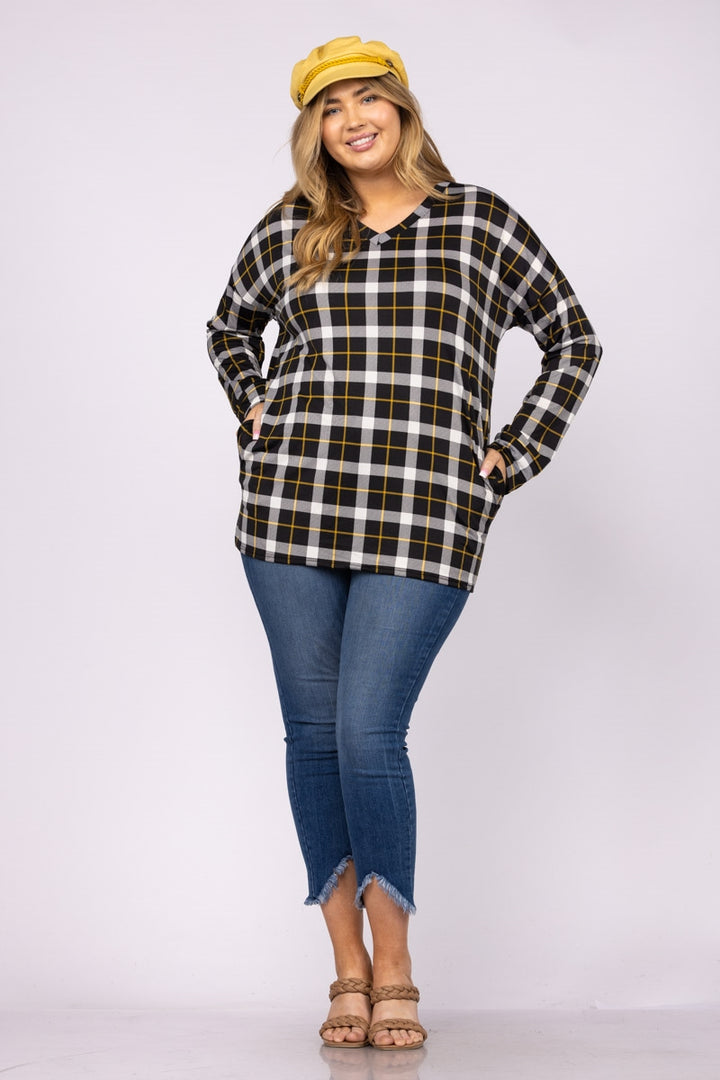 NOIR  BLACK PLAID LONG CUFFED SLEEVES PLUS SIZE TOP CT43496APL