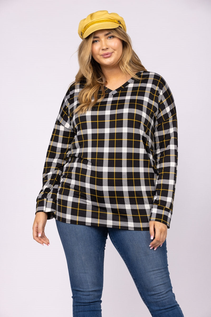 NOIR  BLACK PLAID LONG CUFFED SLEEVES PLUS SIZE TOP CT43496APL