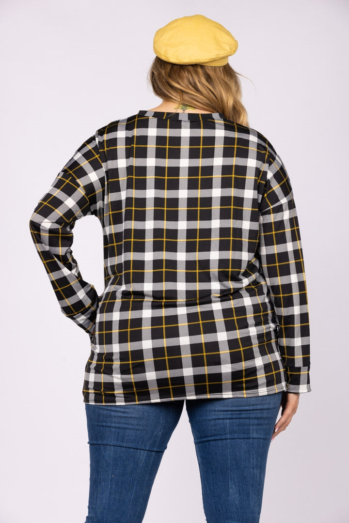 NOIR  BLACK PLAID LONG CUFFED SLEEVES PLUS SIZE TOP CT43496APL