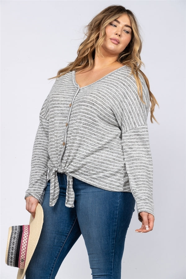 GREY STRIPES BUTTON DOWN W/ FRONT SELF-TIE PLUS SIZE TOP CT43503EX