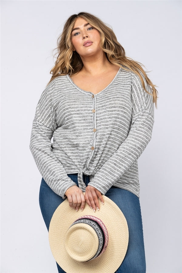 GREY STRIPES BUTTON DOWN W/ FRONT SELF-TIE PLUS SIZE TOP CT43503EX