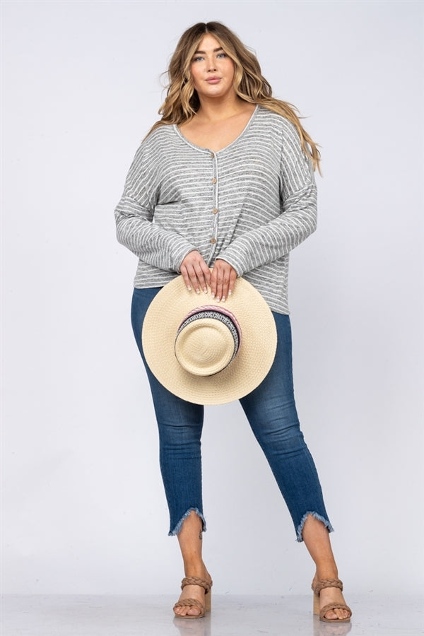 GREY STRIPES BUTTON DOWN W/ FRONT SELF-TIE PLUS SIZE TOP CT43503EX