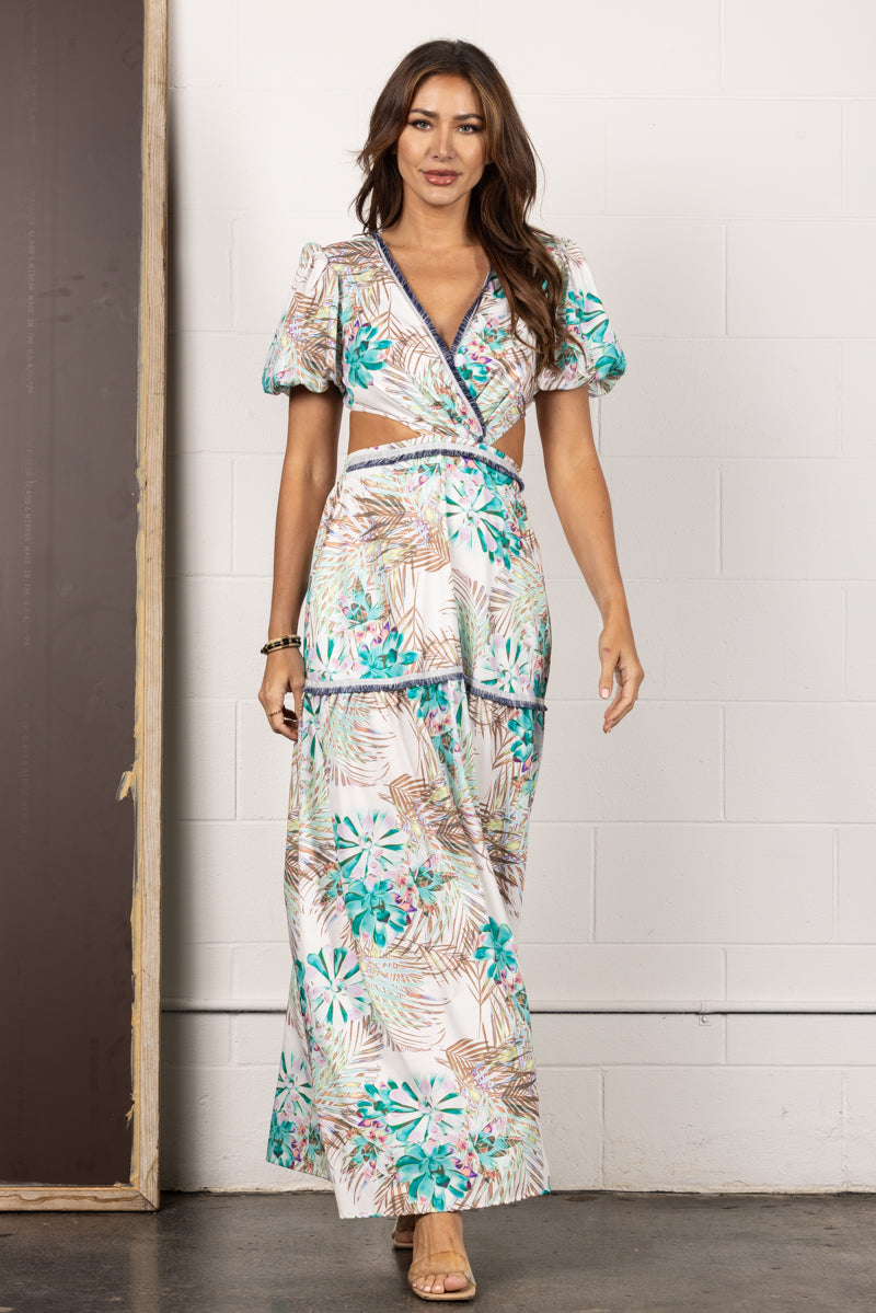 CD10592-Wholesale GREEN PUFF SLEEVE  CUT-OUT WAIST MAXI DRESS