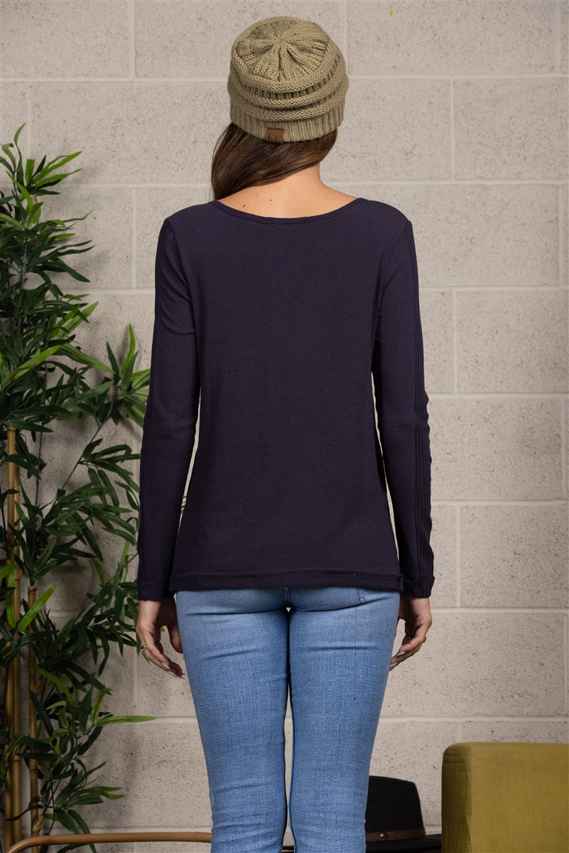 NAVY BUTTON UP RAGLAN LONG SLEEVES RAW HEM KNIT TOP TT3327