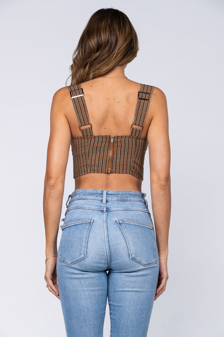 CARAMEL JOYA STRIPES PRINT PEEK-A-BOO CROP TOP IMC2570T