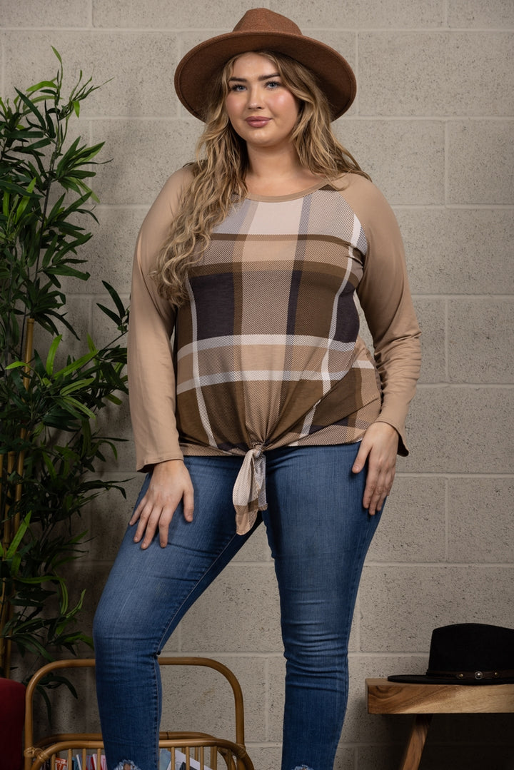 MOCHA MADRAS PRINT TAUPE CONTRAST PLUS SIZE TOP-B5265XA