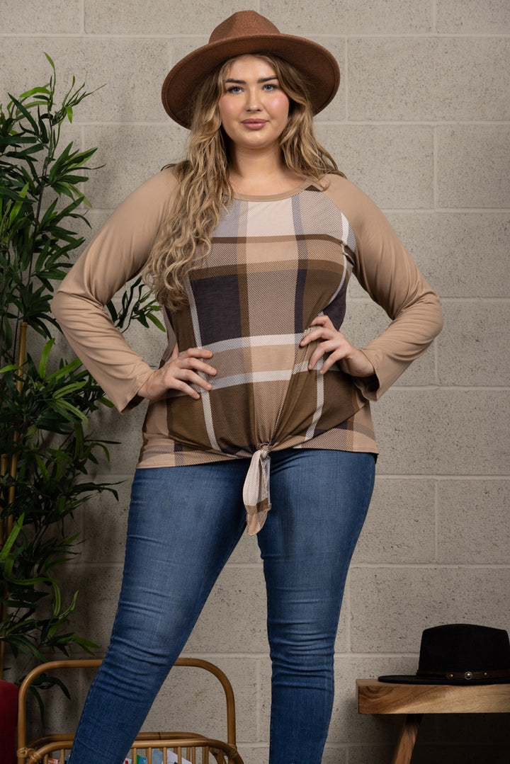 MOCHA MADRAS PRINT TAUPE CONTRAST PLUS SIZE TOP-B5265XA