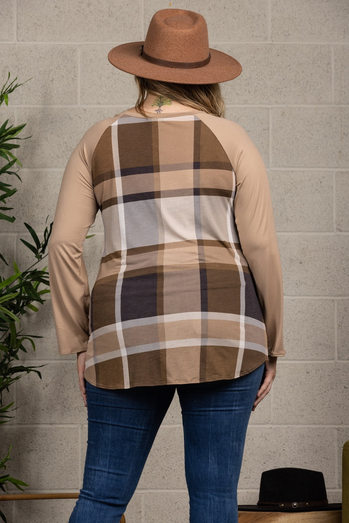 MOCHA MADRAS PRINT TAUPE CONTRAST PLUS SIZE TOP-B5265XA