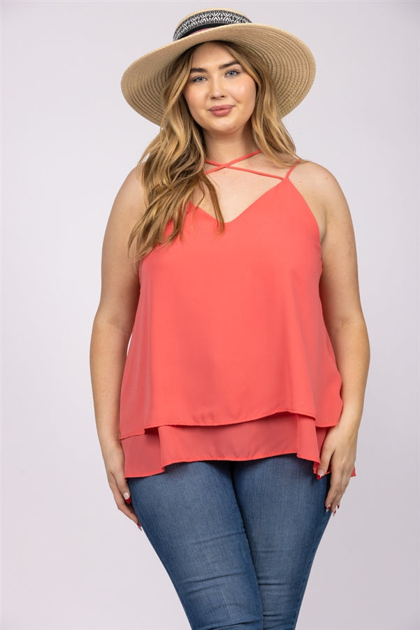 HOT CORAL CHIFFON CRISSCROSS BACK PLUS SIZE TOP-T2510