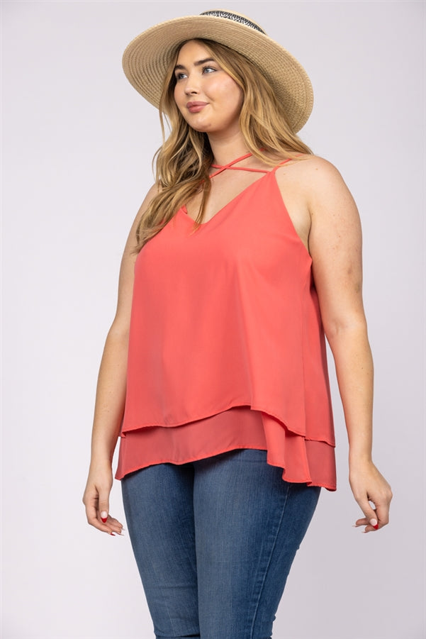 HOT CORAL CHIFFON CRISSCROSS BACK PLUS SIZE TOP-T2510