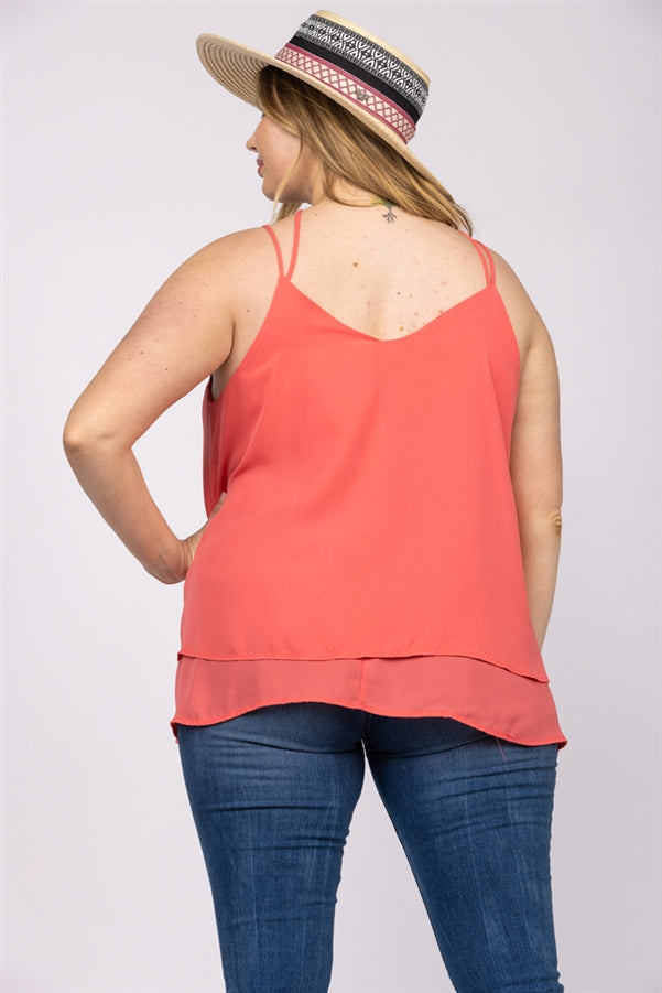 HOT CORAL CHIFFON CRISSCROSS BACK PLUS SIZE TOP-T2510