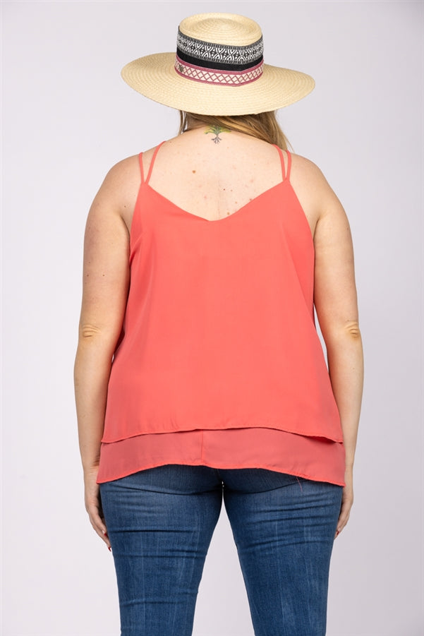 HOT CORAL CHIFFON CRISSCROSS BACK PLUS SIZE TOP-T2510