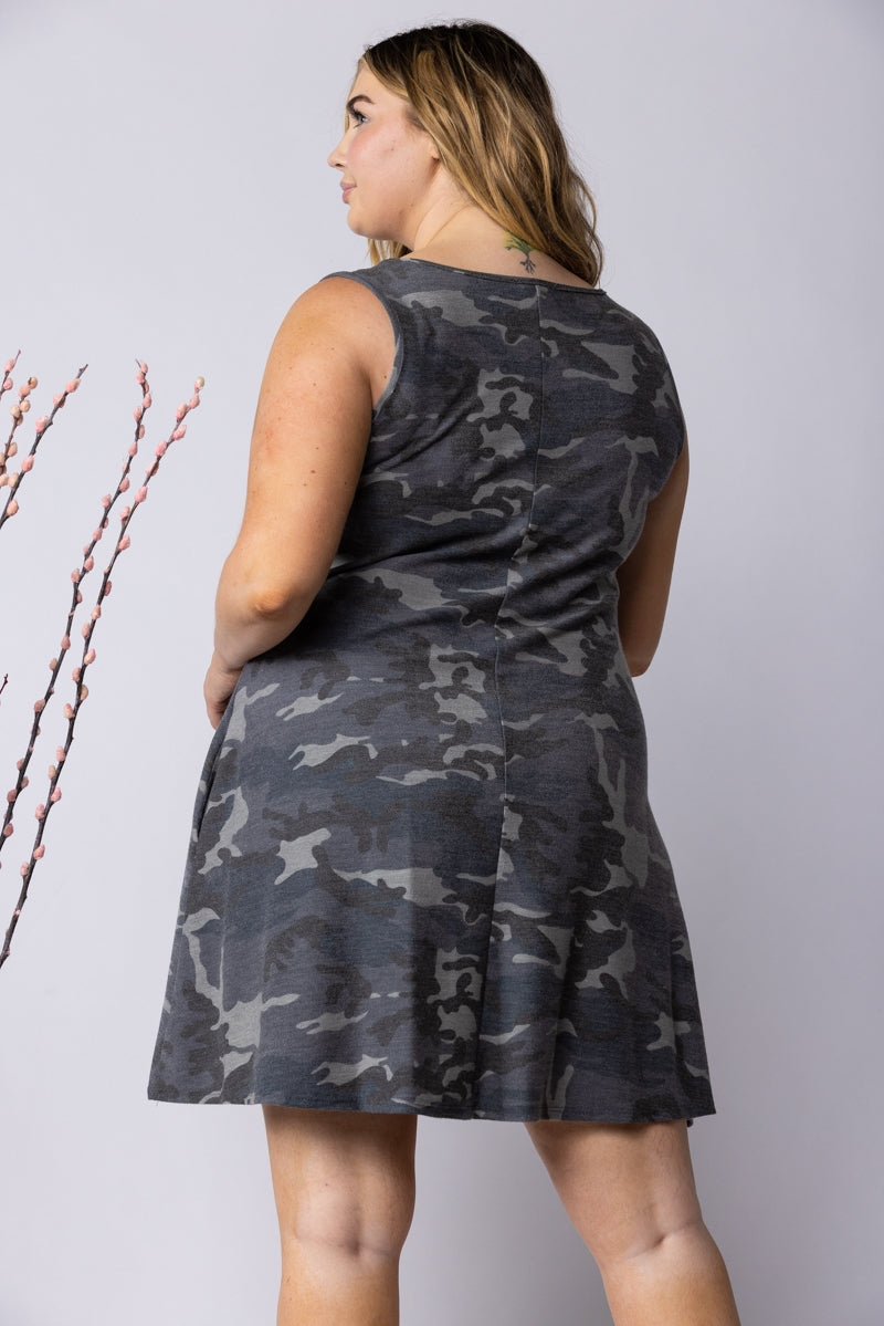 GREY CAMOUFLAGE RPINT PLUS SIZE MINI DRESS-SD1243