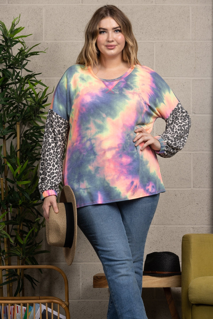 BLUE/PINK TIE-DYE LONG SLEEVES WITH ANIMAL CONTRAST PLUS SIZE KNIT TOP VT25007P