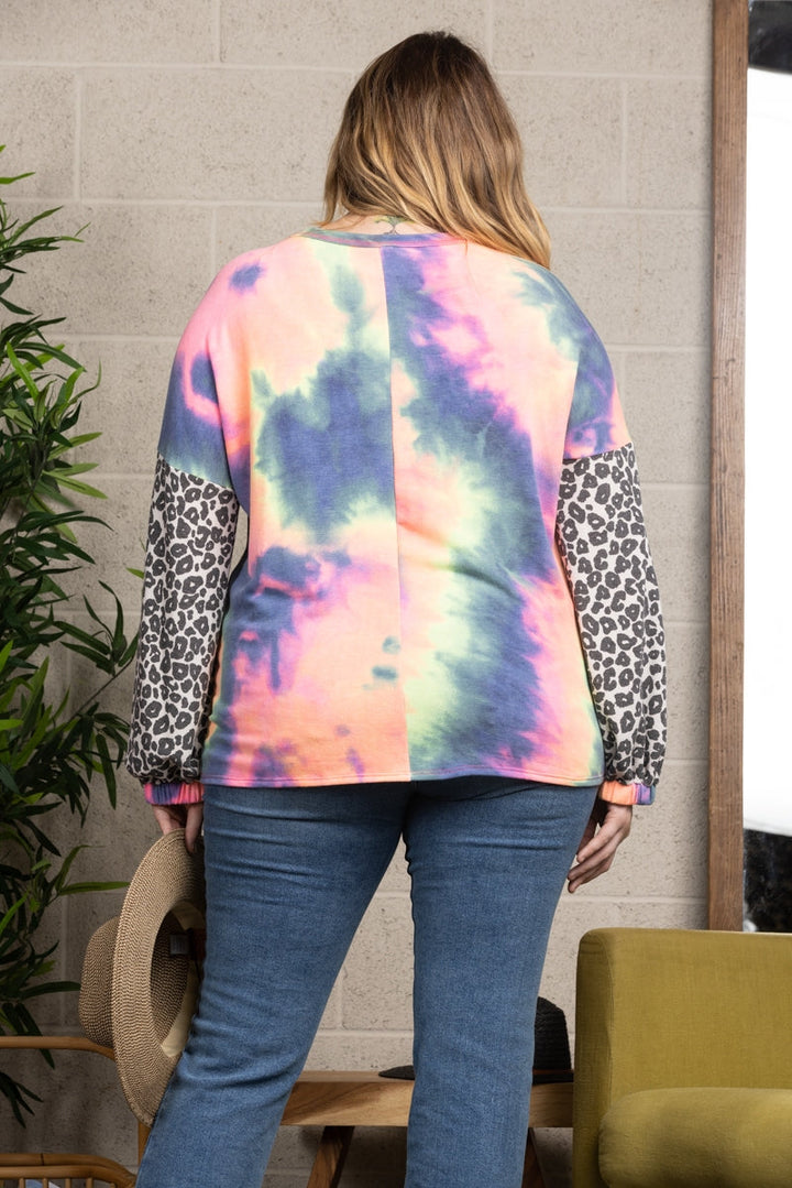 BLUE/PINK TIE-DYE LONG SLEEVES WITH ANIMAL CONTRAST PLUS SIZE KNIT TOP VT25007P