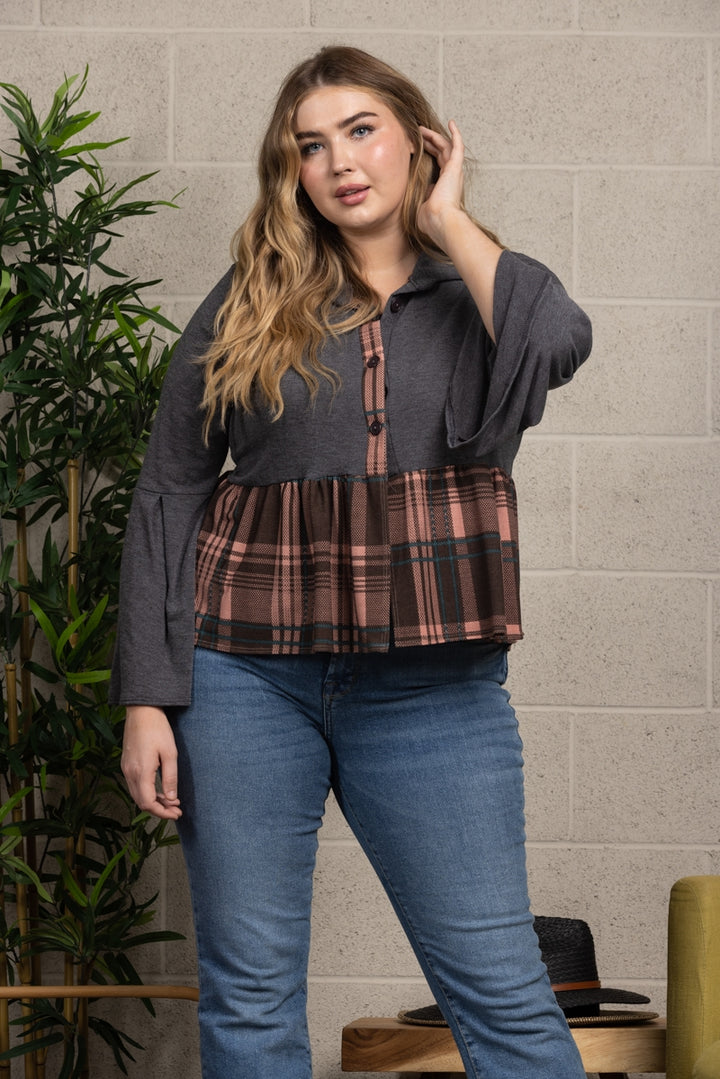 CHARCOAL BLUSH MADRAS PRINT CONTRAST RUFFLED PLUS SIZE TOP-B5584X