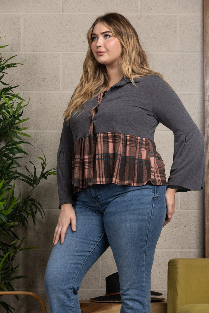 CHARCOAL BLUSH MADRAS PRINT CONTRAST RUFFLED PLUS SIZE TOP-B5584X