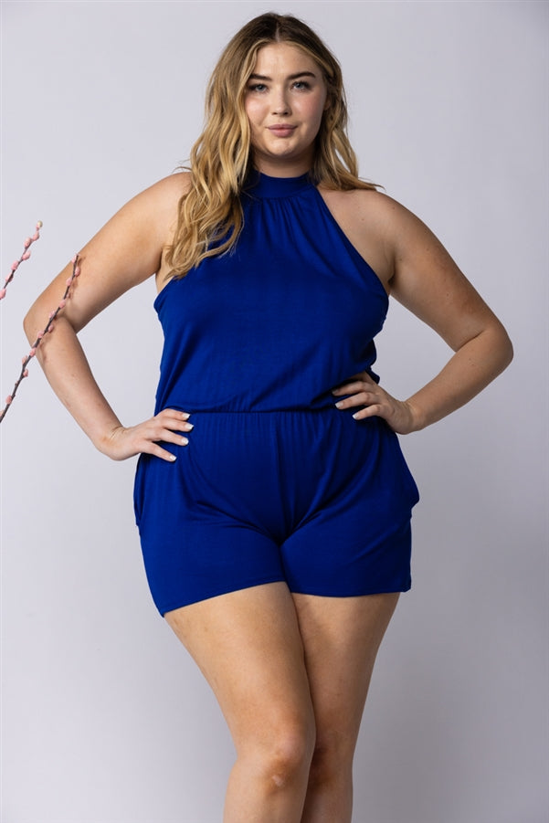 ROYAL BLUE HALTER NECK SIDE POCKETS PLUS SIZE ROMPER-SP1013SX