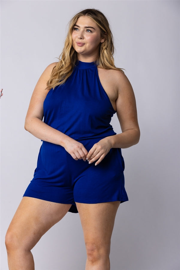 ROYAL BLUE HALTER NECK SIDE POCKETS PLUS SIZE ROMPER-SP1013SX