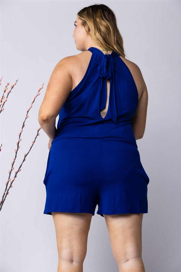 ROYAL BLUE HALTER NECK SIDE POCKETS PLUS SIZE ROMPER-SP1013SX