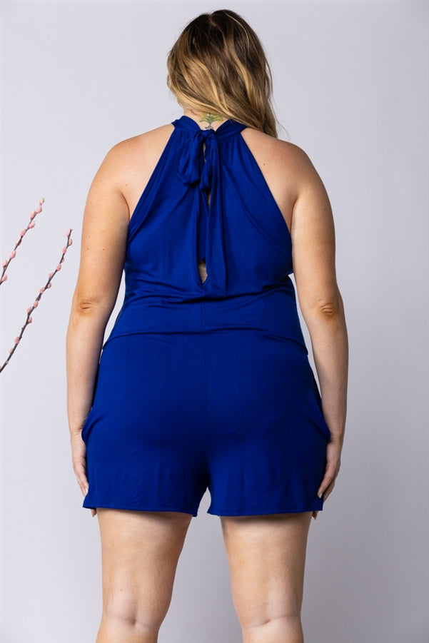 ROYAL BLUE HALTER NECK SIDE POCKETS PLUS SIZE ROMPER-SP1013SX