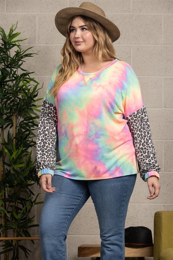 BLUE/PINK TIE-DYE LONG SLEEVES WITH ANIMAL CONTRAST PLUS SIZE KNIT TOP-VT25007P