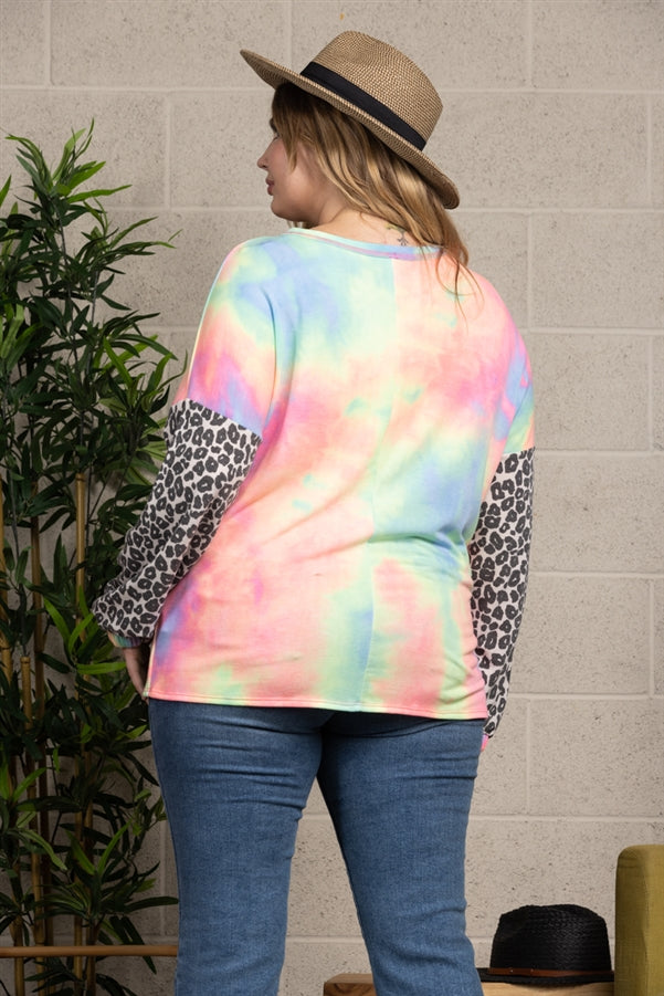 BLUE/PINK TIE-DYE LONG SLEEVES WITH ANIMAL CONTRAST PLUS SIZE KNIT TOP-VT25007P