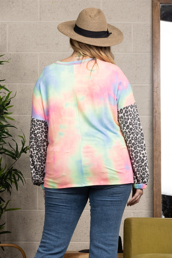 BLUE/PINK TIE-DYE LONG SLEEVES WITH ANIMAL CONTRAST PLUS SIZE KNIT TOP-VT25007P