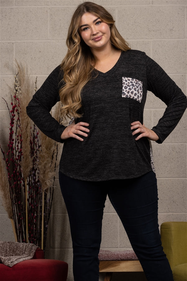 BLACK LEOPARD PRINT CONTRAST LONG SLEEVES KNIT PLUS SIZE TOP-ST1792