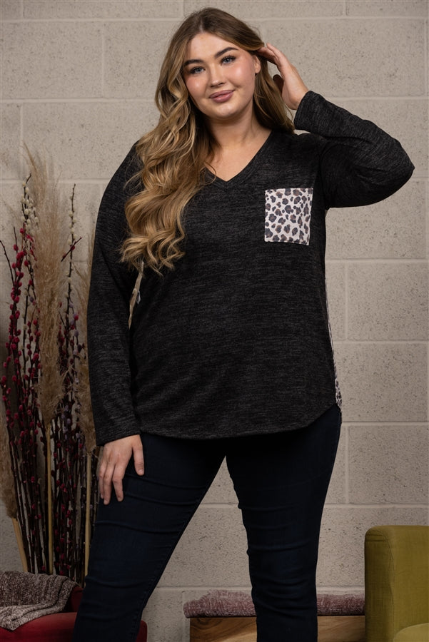 BLACK LEOPARD PRINT CONTRAST LONG SLEEVES KNIT PLUS SIZE TOP-ST1792