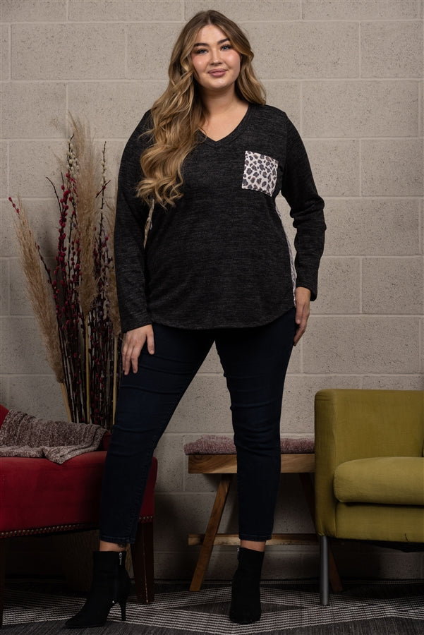 BLACK LEOPARD PRINT CONTRAST LONG SLEEVES KNIT PLUS SIZE TOP-ST1792