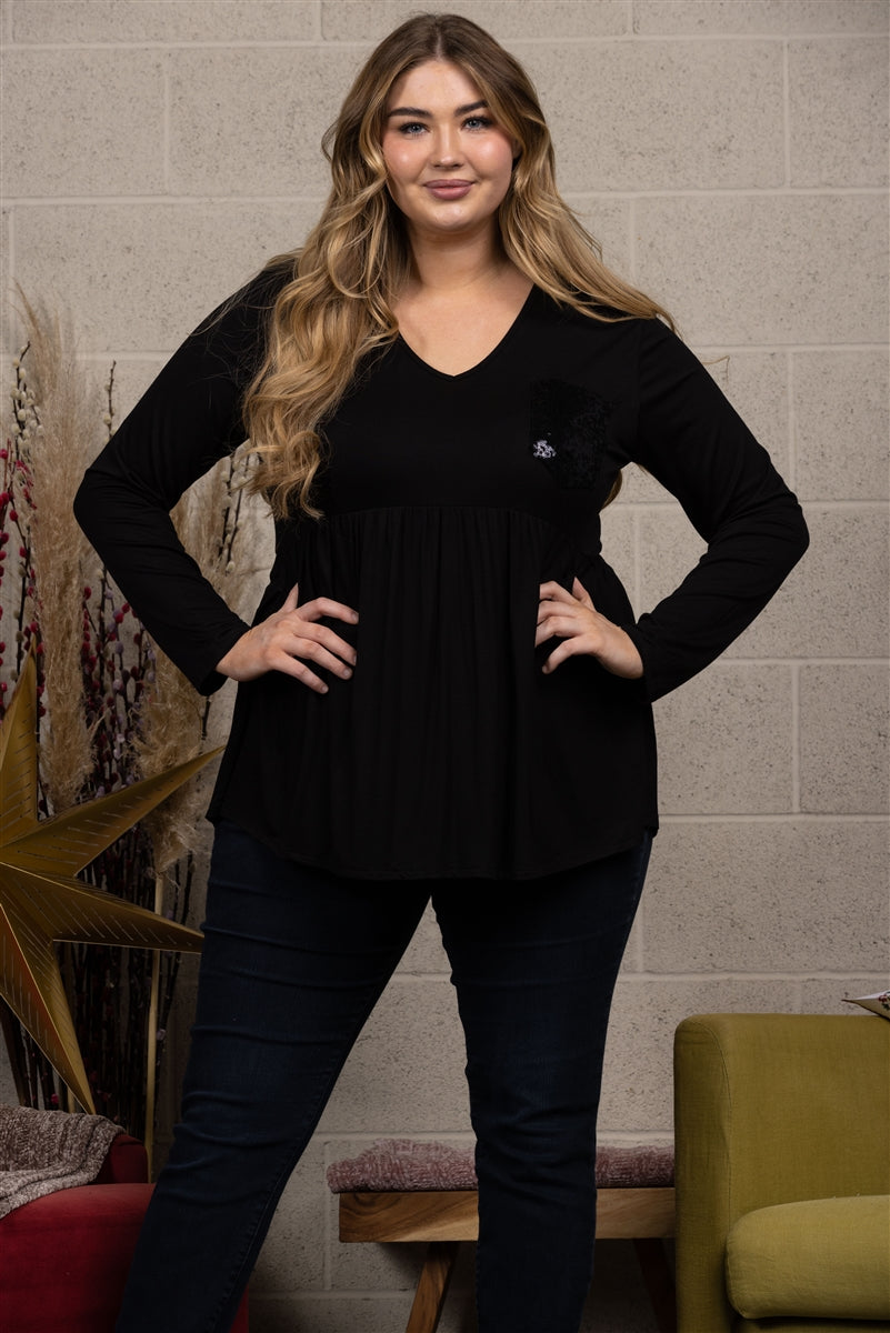 SEQUINCE PATCH POCKET PLUS SIZE TOP