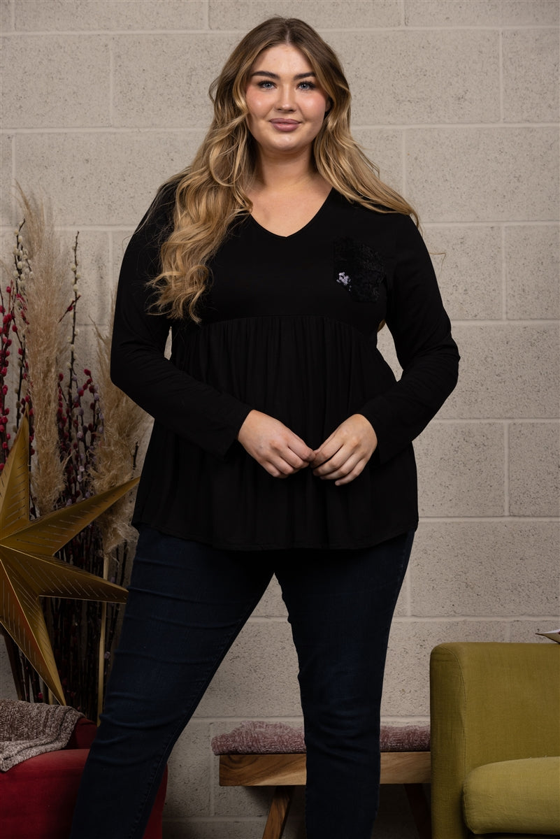 SEQUINCE PATCH POCKET PLUS SIZE TOP