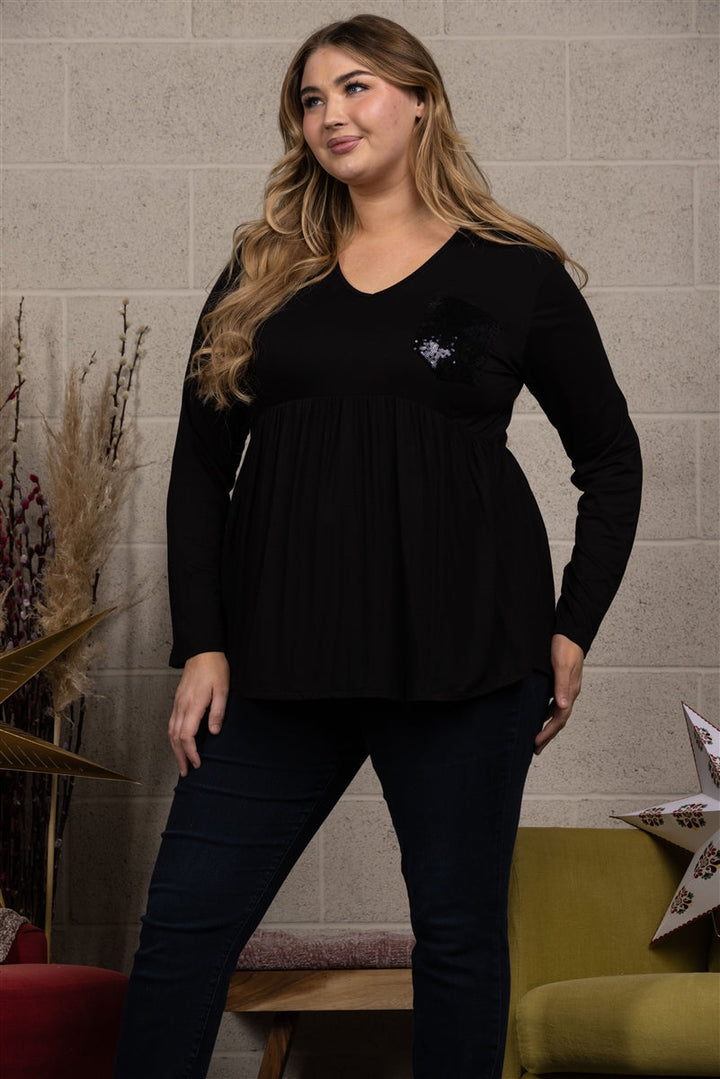 SEQUINCE PATCH POCKET PLUS SIZE TOP